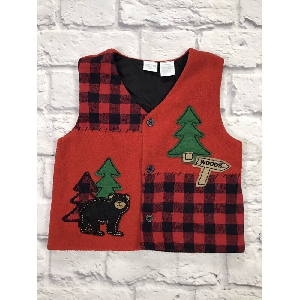 Parisian BeBe Baby Boys Size 12mo Winter Red Buffalo Plaid Bear Vest